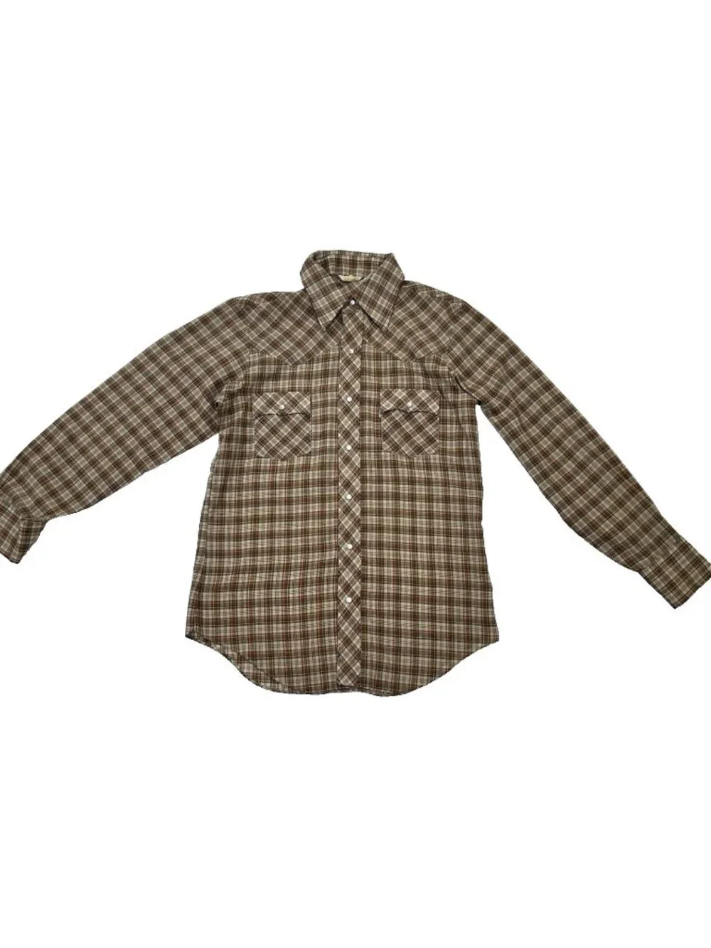 Vintage Levis Pearl Snap Button Brown Plaid Western Shirt Men’s Size Medium READ